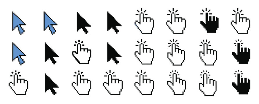 Click, cursor set icon, arrow pointer, hand pointer, computer mouse cursor, navigation symbols