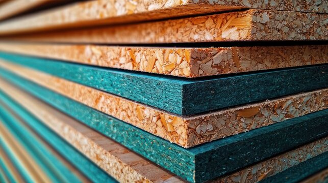 Stacked textured chipboard panels with teal painted edges in diagonal close-up conveying industrial order and sturdy craftsmanship