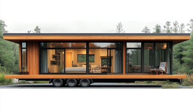 Modern wooden tiny house on wheels with floor-to-ceiling glass, warm cozy interior showing bed, sofa, dining area and lounge chair against a tranquil forest backdrop