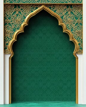 ornate golden scalloped arch framing an empty emerald green patterned niche with intricate floral geometric filigree and white marble columns, elegant and serene