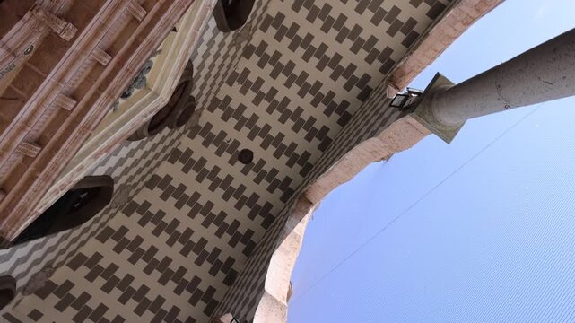 View of the intricate patterned ceiling and stone arches at the entrance of the Mazatlan Cathedral of Immaculate Conception, featuring geometric brickwork in Mazatlan, Sinaloa, Mexico.