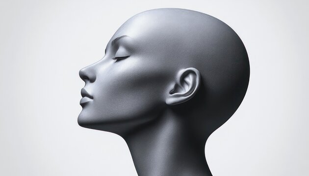 smooth gray mannequin head in profile with a blurred square obscuring the face, evoking anonymity and eerie isolation