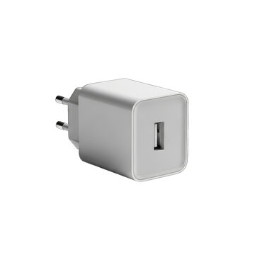 White usb charger adapter with european plug on transparent background