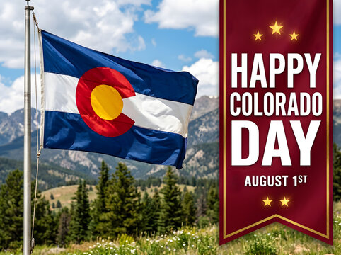 Colorado state flag waving on mountain landscape with Happy Colorado Day banner