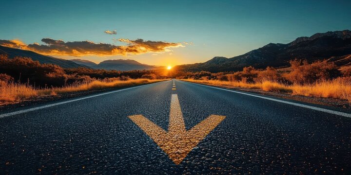 Low-angle open road with painted arrow pointing toward viewer leading to glowing sunset over distant mountains and golden roadside grasses, evoking adventure and hope