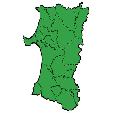 秋田県地図 市町村区分 緑色 筆タッチ 和風 東日本 / A brushstroke map of Akita Prefecture / green