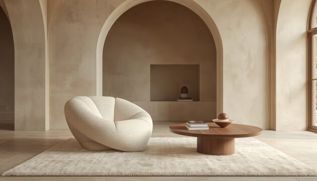 Modern Minimalist Living Room with White Textured Armchair and Wooden Coffee Table for Luxury Home Interior Website.