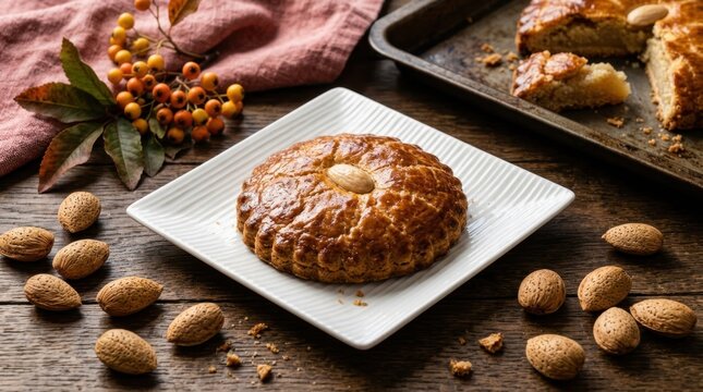 Delicious traditional Dutch almond paste cookie known as Gevulde Koek served on a white plate surrounded by raw almonds and rustic decor on a wooden table