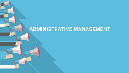 Fototapeta premium Administrative management concept banner with hands holding blue and red megaphones pointing towards the text.
