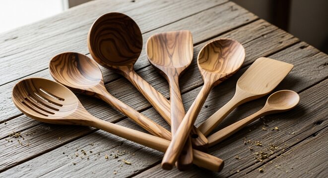 Wooden kitchen utensils on table