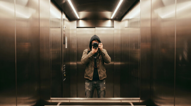 Photographer taking a mirror selfie inside a modern metal elevator cabin