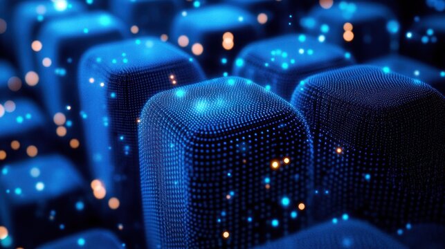 Glowing blue rounded blocks arranged in a tiled grid covered in tiny light nodes with scattered warm orange sparks, evoking futuristic digital connectivity and dynamic energy