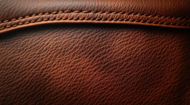 Close-up of stitched brown leather upholstery with rich grain, warm lighting, visible seam and handcrafted stitching conveying a luxurious tactile cozy feel