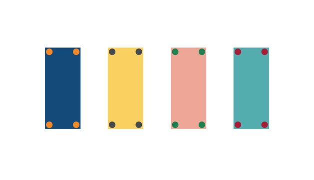 Minimalist design concept of four vertical colored cards in blue, yellow, pink, and teal with contrasting corner dots on white background.