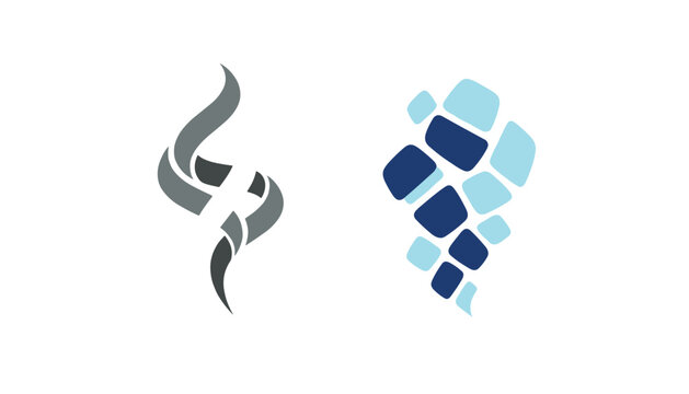 Two abstract creative design elements representing smoke, aroma, or energy flows in gray ribbon and blue mosaic block styles.