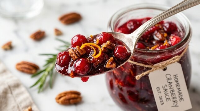 Rich homemade cranberry sauce with pecans and orange zest served on a spoon from a glass jar, perfect for holiday meals.