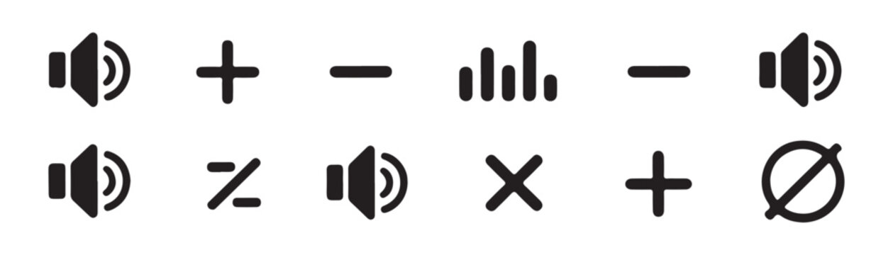 Collection of sound adjustment controls math symbols and volume buttons for technical applications.