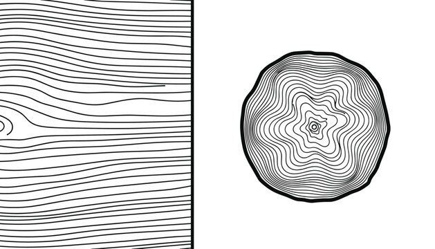 Black and white vector diagram showing linear wood grain texture next to a cross section of a tree trunk with growth rings.