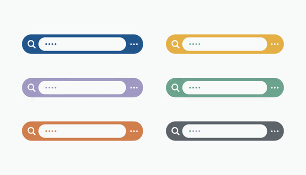 Row of six web search bar templates in different pastel colors featuring magnifying glass and option icons on a grey background.