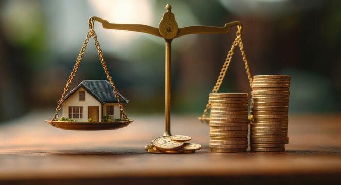 gold balance scale weighing a miniature house against stacks of coins, conveying financial dilemma and careful decision