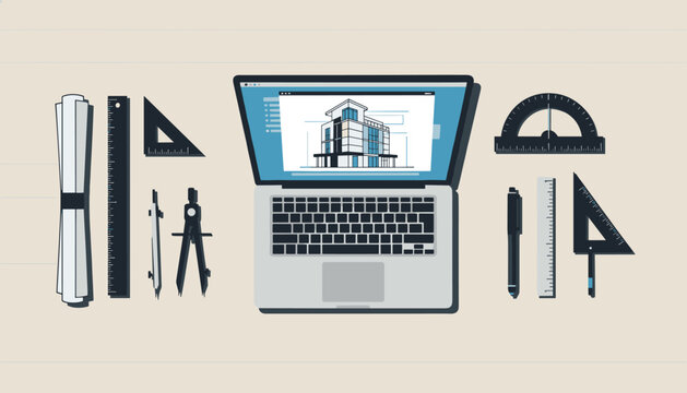 Architectural design workspace featuring a laptop showing a building draft surrounded by rulers and drafting tools on a table.