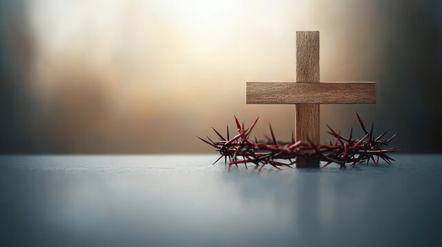 wooden cross with crown of thorns on a reflective surface, soft warm backlight and blurred background conveying a solemn, contemplative mood