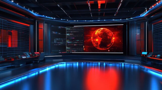 Futuristic command center with curved digital displays showing a glowing red globe and code, empty sleek consoles and operator chairs bathed in blue and red lights, tense high-tech atmosphere