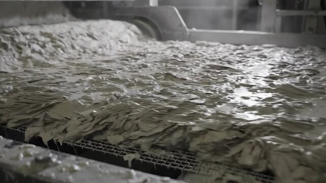 Wet paper pulp flowing over industrial conveyor grid. Recycled fiber processing in modern sustainable factory. Perfect for promoting circular economy, eco-manufacturing, industrial innovation