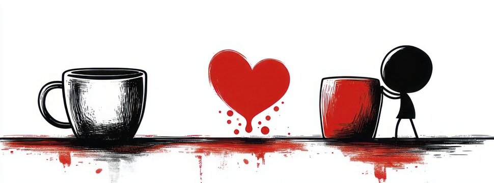 sketch of two mugs on a splattered shelf with a dripping red heart between them and a small silhouetted figure looking longingly