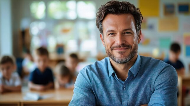 male teacher in classroom with students at desks in background, calm confident approachable expression with faces blurred