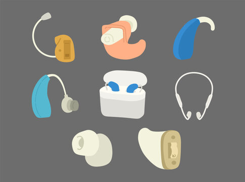 Illustration set featuring various hearing aid models and designs, including behind the ear, in the ear, and modern assistive listening devices.