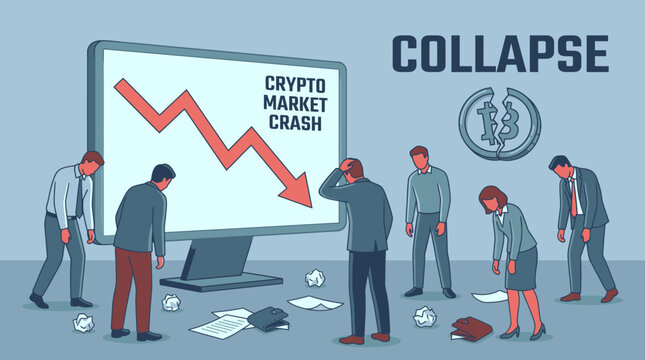 People standing around a large screen displaying a downward graph with a crypto market crash message.