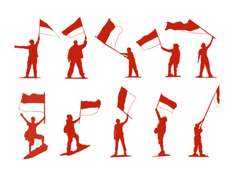 Illustration set featuring silhouette characters holding and waving the Indonesian flag in dynamic poses.