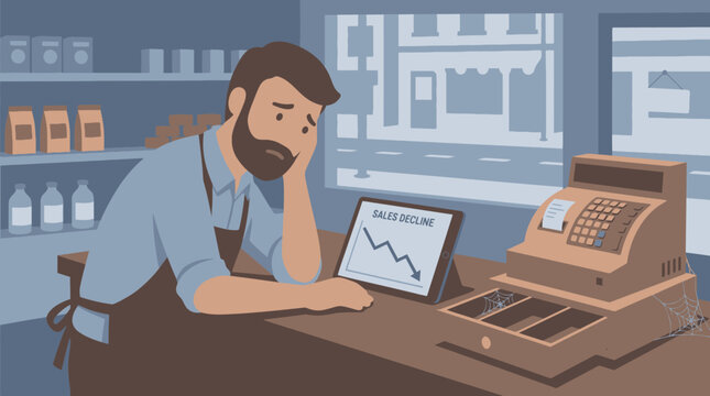 A stressed man sits at a counter with a laptop and cash register in a shop.