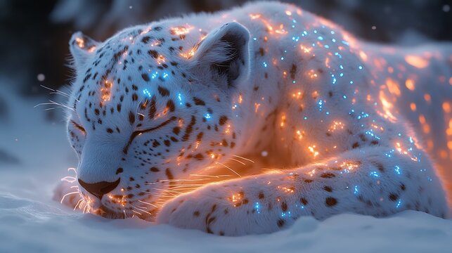 White leopard in snow glowing fur