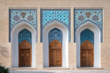 Obraz premium Three arched recessed doorways with carved wooden doors and blue geometric tile mosaics on a sunlit brick facade, evoking calm symmetry