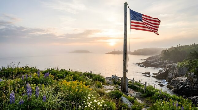 American flag flying proudly on a flagpole overlooking a misty coastal landscape with the sun rising over the ocean and wildflowers in the foreground.
