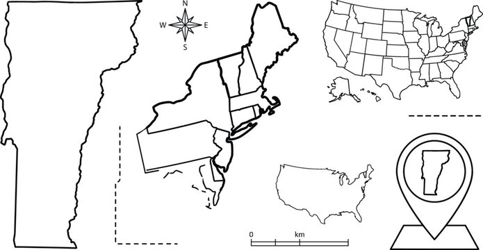 Vermont map doodle vector set with northeastern united states border pin pointer compass rose and scale line art