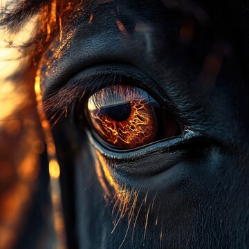 extreme close-up of a horse eye reflecting fiery sunset with detailed iris, warm golden highlights on dark textured fur and long eyelashes, intense soulful gaze