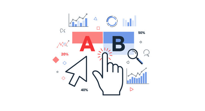 A B testing concept illustration with cursor hand and data analytics icons.