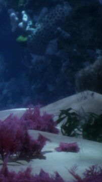 Coral and sea plants are seen on the ocean floor. The scene is filled with pink and green colors from the plants. Light shines through the water creating a vibrant look.