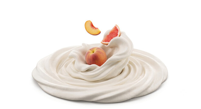 Distant shot of peach and grapefruit slices falling into thick whipped cream with a clean splash