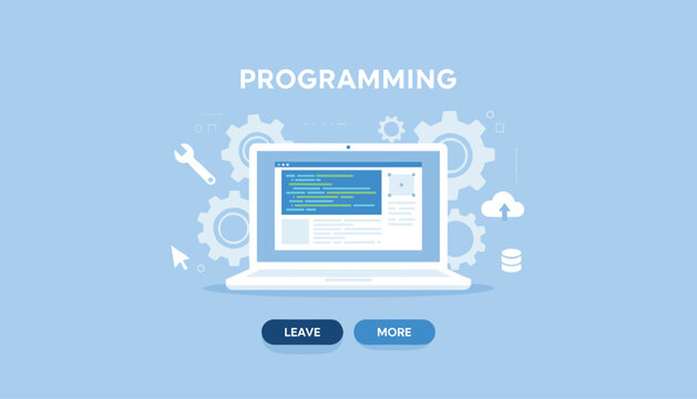 Professional programming concept banner showing a laptop computer displaying code surrounded by mechanical gears.