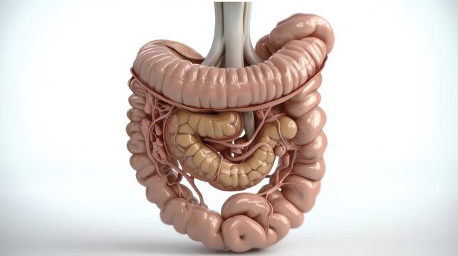 detailed 3d medical rendering of human stomach with coiled small and large intestines, mesentery and branching blood vessels, evoking clinical curiosity