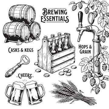 Brewing essentials vintage hand drawn set with casks kegs beer mugs and hops beer mug bar culture