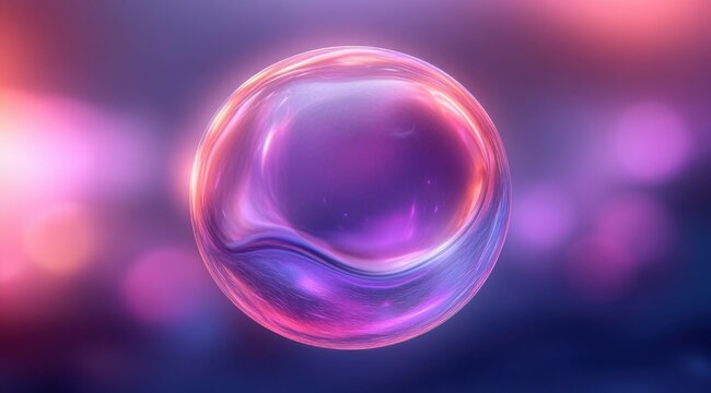 Translucent iridescent bubble floating over blurred pink and purple bokeh lights, glossy glass-like sphere with inner swirl, dreamy serene and magical atmosphere
