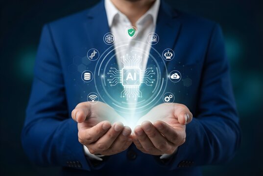 Businessman Holding AI Hologram Chip in Hands Representing Digital Technology and Innovation