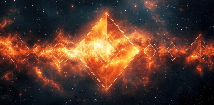 glowing orange nebula with a horizontal fiery band and repeating geometric diamond outlines across a starfield, dramatic and mysterious