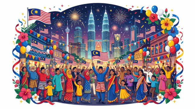 Vibrant multicultural festival crowd celebrates in Kuala Lumpur cityscape at night with fireworks