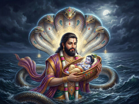 Vasudeva Holding Infant Lord Krishna While Crossing the Sacred Yamuna River Beneath the Divine Protection of Sheshnag During the Miraculous Journey from Mathura to Gokul